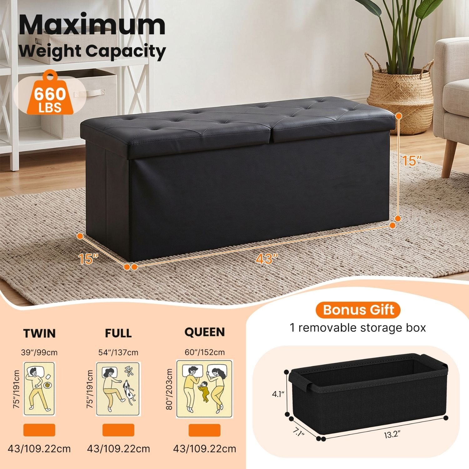 Folding Storage Ottoman, Compact Flip-Top Ottoman With Divider, Padded - Image 2