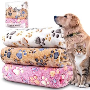 3 Pack Pet Blanket, Soft Plush Paw Print Dog Blanket Washable, Warm Fl