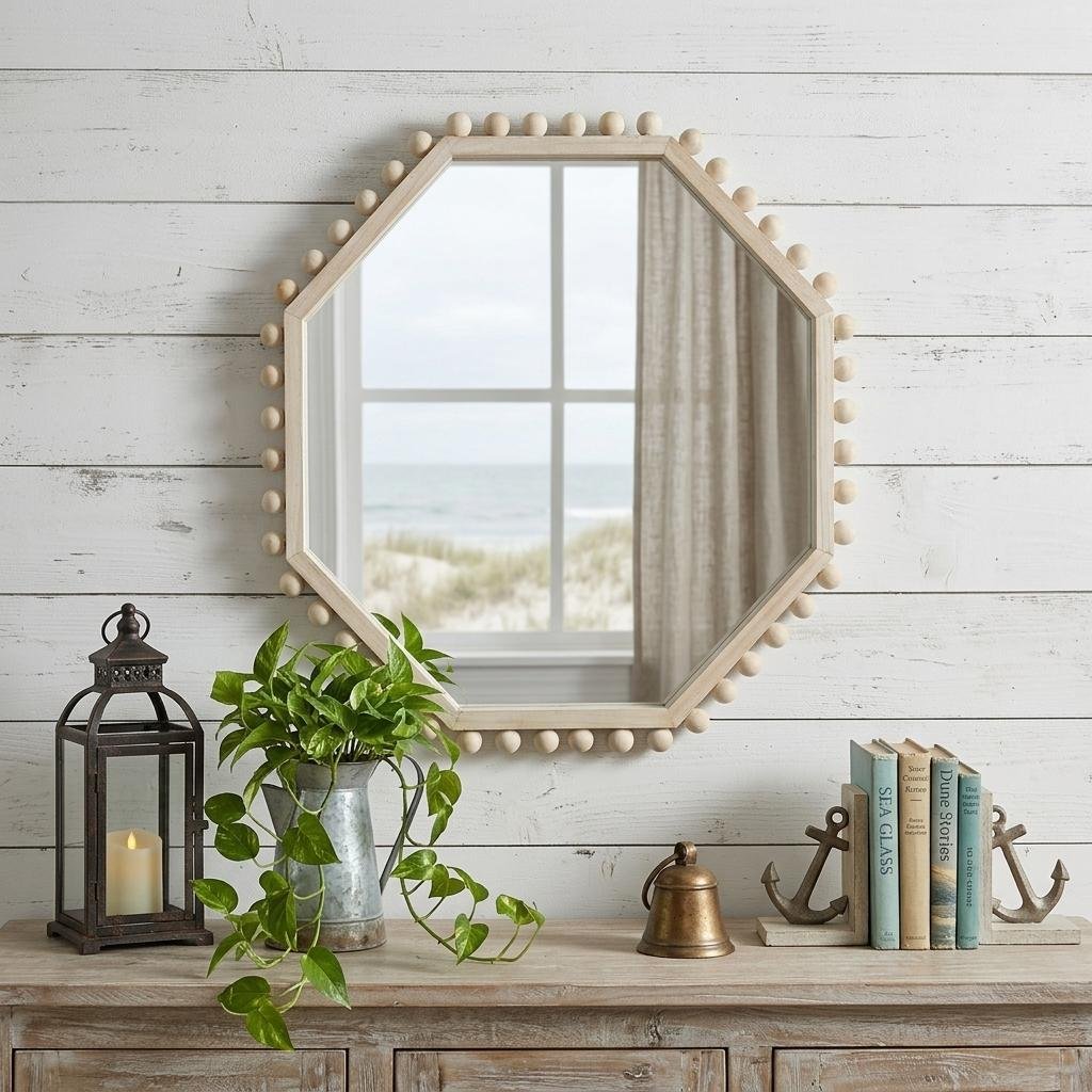 Natural Wood Octagon Beaded Accent Mirror — 33" - Image 2