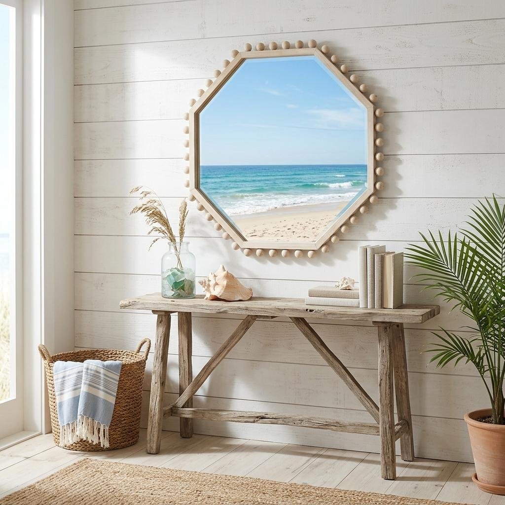 Natural Wood Octagon Beaded Accent Mirror — 33"