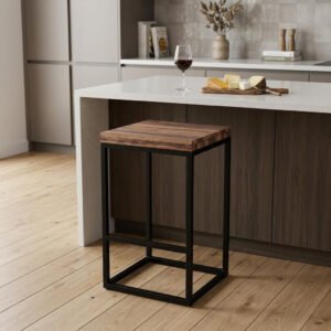 Brown & Black Solid Wood & Iron Backless Counter-Height Bar Chair — 25", front view