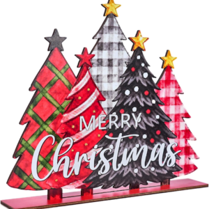 Merry Christmas Plaid Wood Table Sign, Rustic Tree Holiday Decor