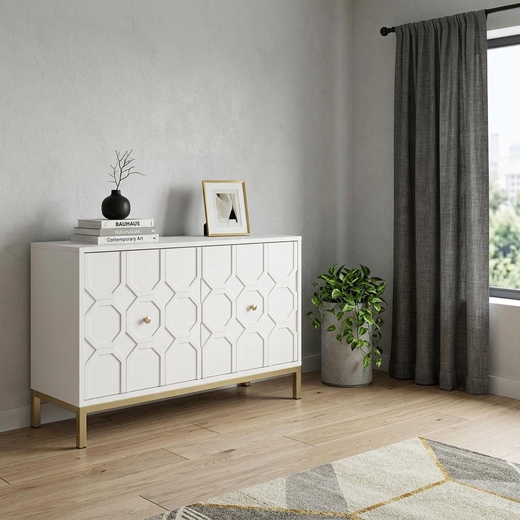 White Carved Geometric Sideboard — 40" - Image 2