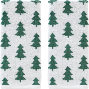 Home Christmas Winter Holiday Trees Hand Towel Set 2pc, Green White Cotton. 500 GSM. Soft & Absorbent. Reversible Jac...