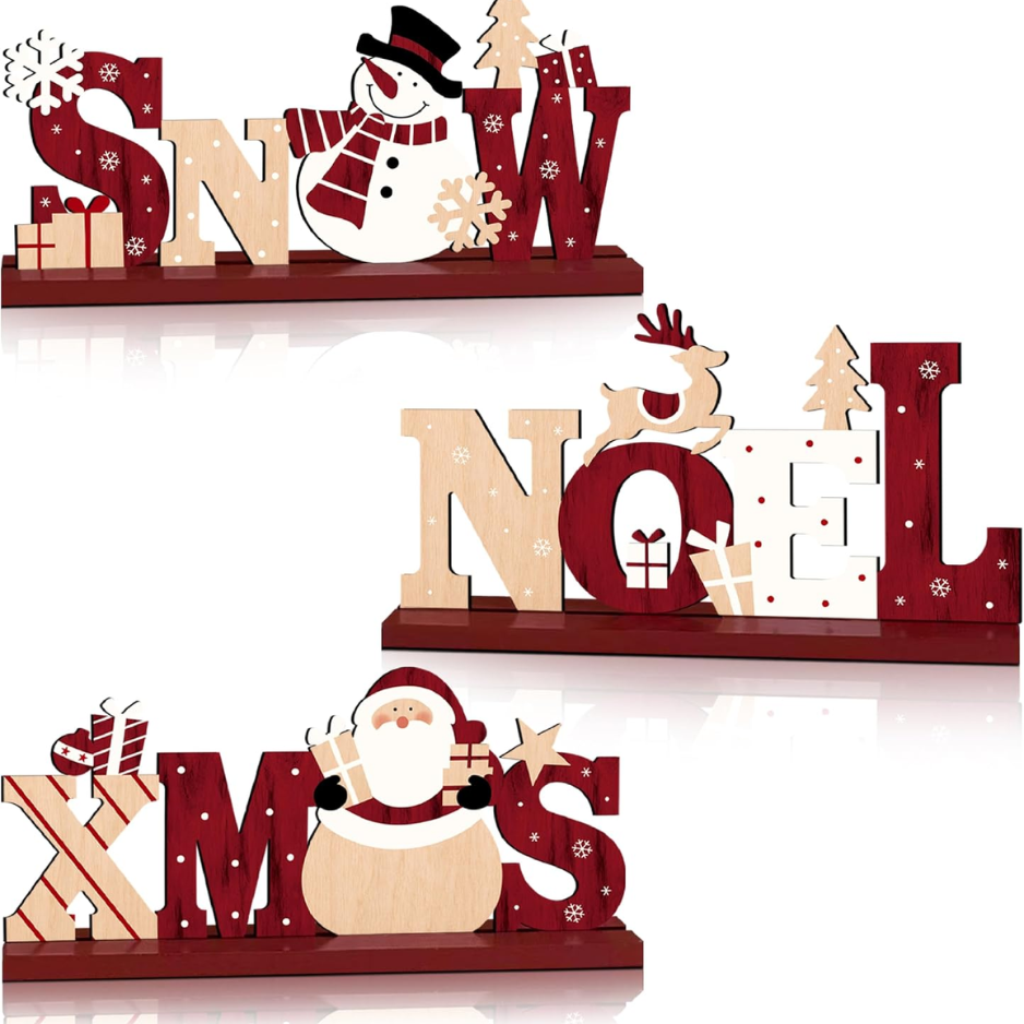 3Pcs Christmas Table Decorations, Wooden Christmas Decor Indoor