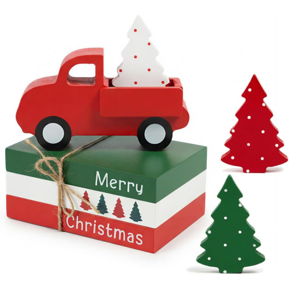 Christmas Decor, Christmas Decorations Indoor Wooden Book Stack Red Truck 3 Xmas Tree For Table, Tiered Tray, Shelf, ...