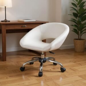 White faux leather swivel office chair with silver base, front view