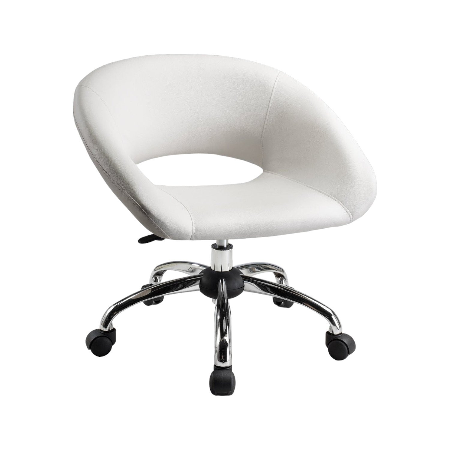 White adjustable rolling desk chair showing curved open back