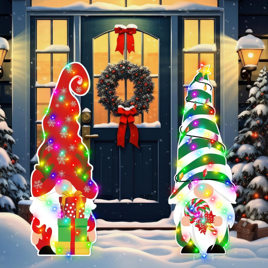 2Pcs 44 Christmas Gnome Yard Stakes With LED Lights