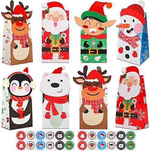 24Pcs Christmas Gift Bags With Stickers For Holiday Party FavorsKraft Paper Treat Bags, Wraps Holiday Cookies Candies...