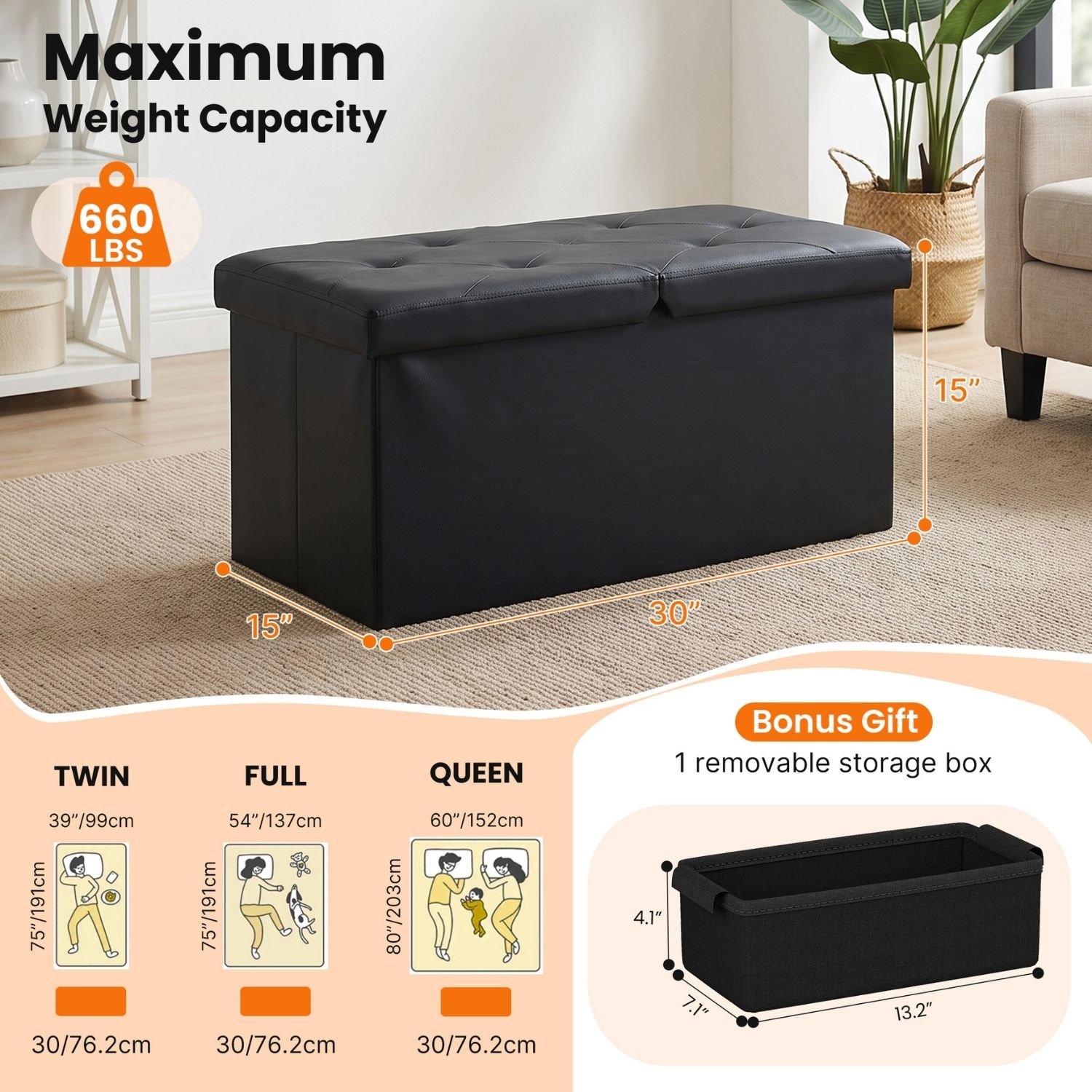 Folding Storage Ottoman, Compact Flip-Top Ottoman With Divider, Padded - Image 5