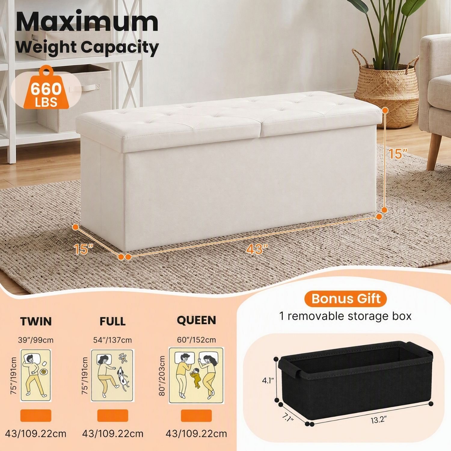 Folding Storage Ottoman, Compact Flip-Top Ottoman With Divider, Padded - Image 4