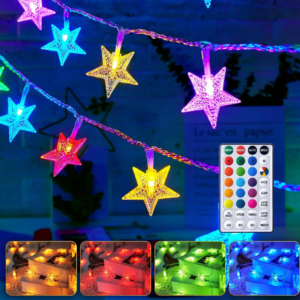 Minetom Star String Lights Battery Operated 17 Ft 50 LED Color Changing Star Fairy Light With Remote And Timer, 16 S...