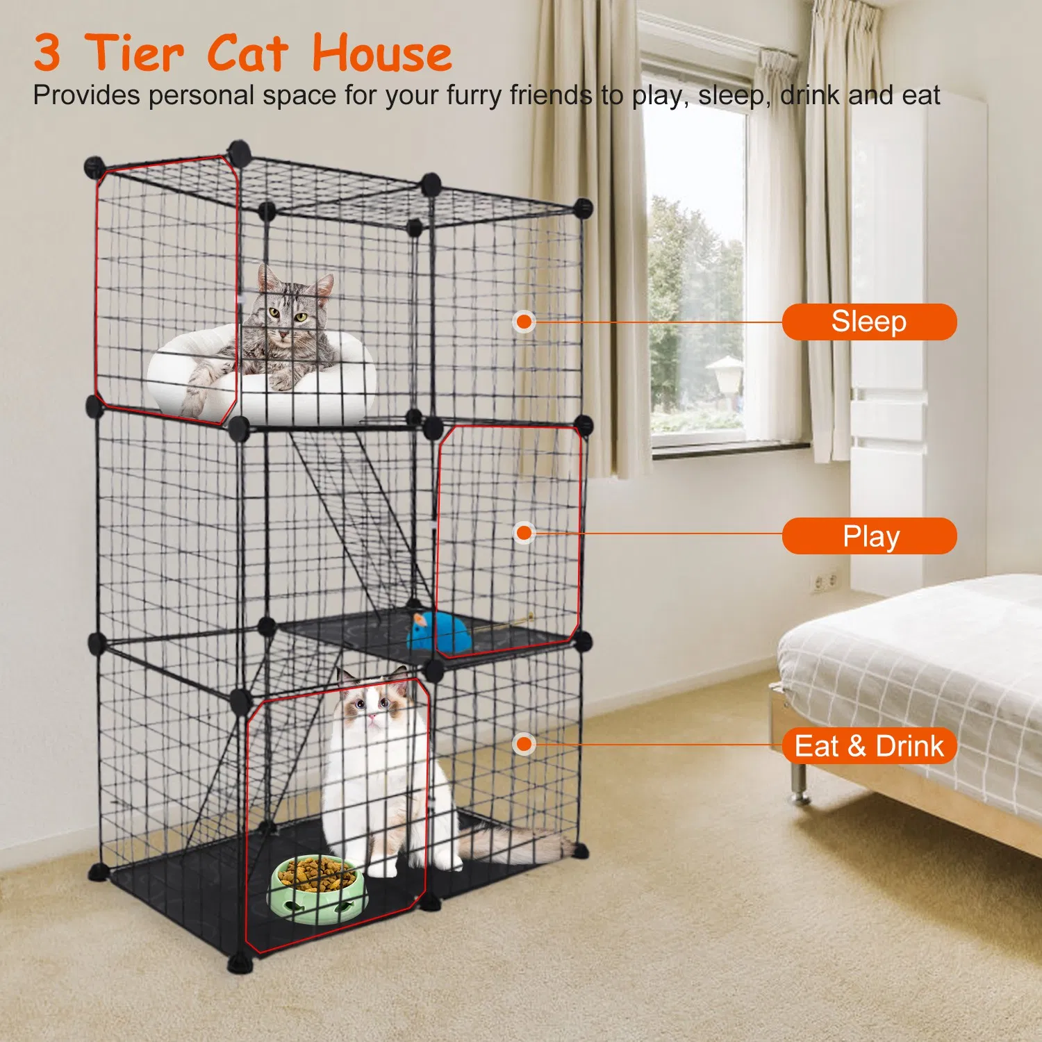 3 Tier Cat Playpen Cage Metal Indoor Cat House Detachable Kitten House - Image 6