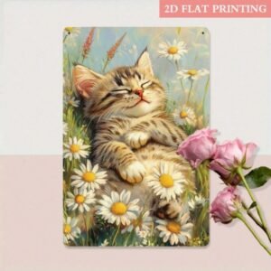 Vintage 2D Flat Sleepy Kitten Metal Sign,Field Retro Cat Wall Art Deco