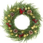 24-inch Christmas eucalyptus wreath with 50 warm LED lights hanging on a front door