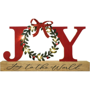 LED Lighted JOY Christmas Sign With Timer, Rustic Tabletop Decor