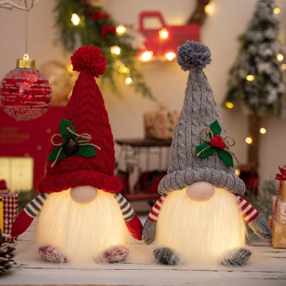 2Pcs LED Christmas Gnome Ornaments, Battery-Operated Red & Grey Gnomes