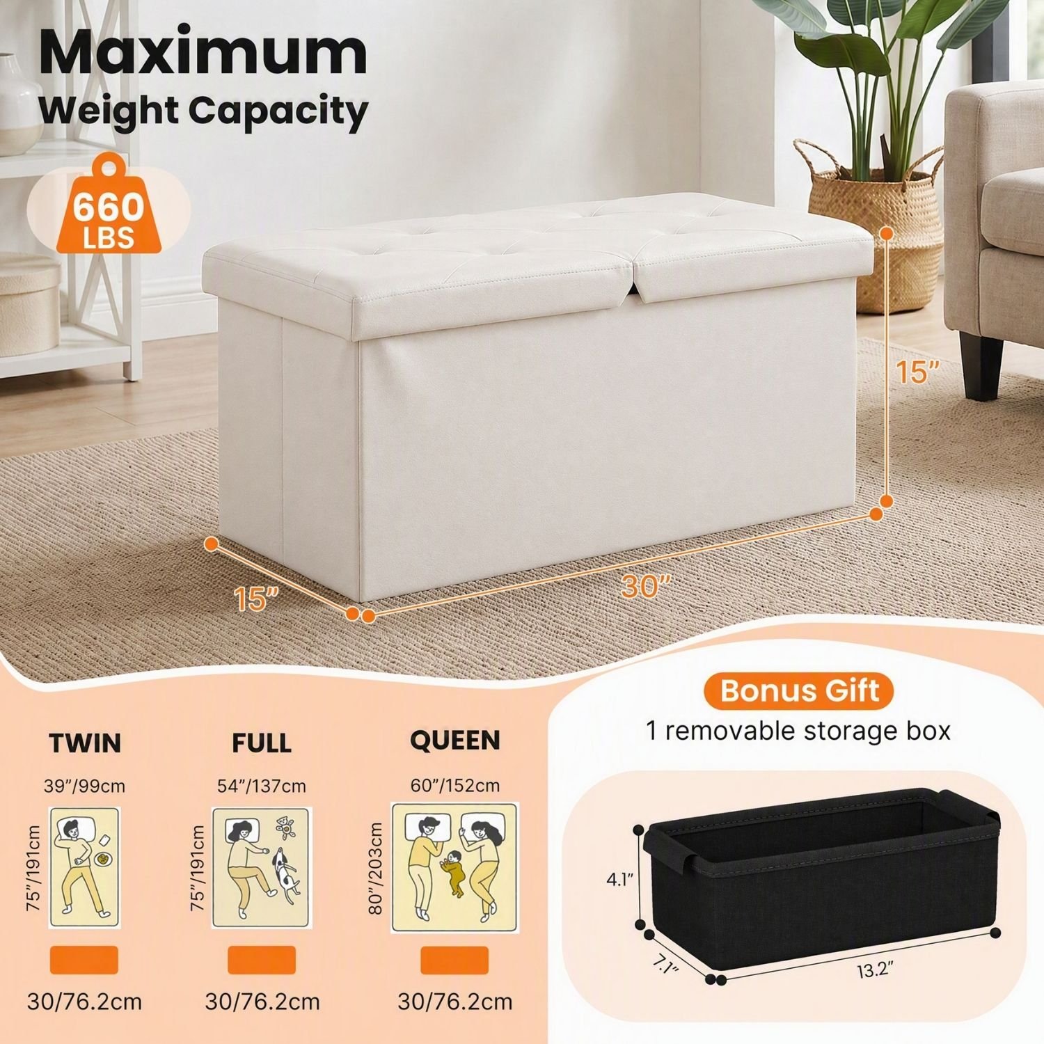 Folding Storage Ottoman, Compact Flip-Top Ottoman With Divider, Padded - Image 3