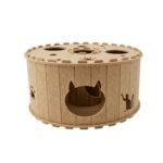 Tire Tunnel Cat Den: round tan felt tunnel den with cat-shaped entrance and paw-print cutouts