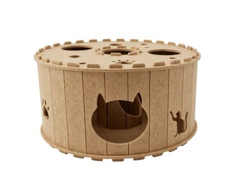 Tire Tunnel Cat Den: round tan felt tunnel den with cat-shaped entrance and paw-print cutouts